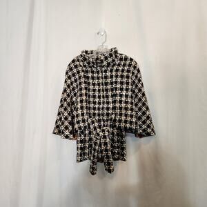 LUII Black White Check Plaid Woven Grannycore Cropped Cape/Jacket Womens FLAWED